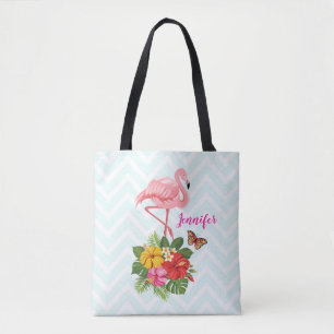 Bolsa Tote Rico rosa Flamingo e Hibiscus Tropical