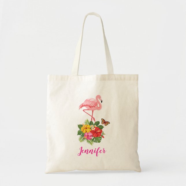 Bolsa Tote Rico rosa Flamingo e Hibiscus Tropical (Frente)