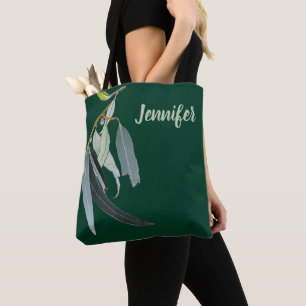 Bolsa Tote Rico Verde Escuro com Folhas de Aquarela Nomeadas