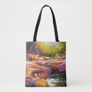 Bolsa Tote Rio Colorido do outono, pintura paisagística.