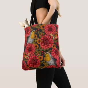Bolsa Tote Robins no jardim do outono, dahlias vermelhas em p