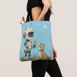 Bolsa Tote Robô Fofo Dá Flor ao Gato Arte Infantil Saudável