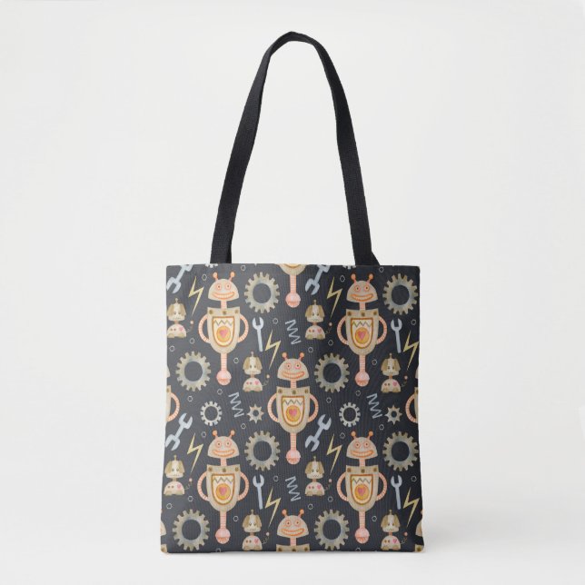 Bolsa Tote Robôs de padrão sem costura com Watercolor (Frente)