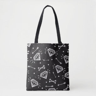 Bolsa Tote Rock Grunge: diamantes, padrão ósseo.