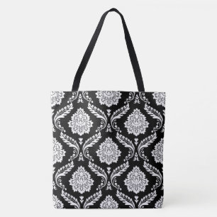 Bolsa Tote Rococó Damask Grande Padrão Branco no Preto