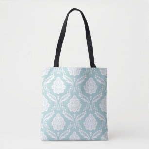 Bolsa Tote Rococo Damask Grande Padrão Branco sobre Azul Ovo 