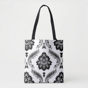 Bolsa Tote Rococo Damask Padrão Grande Cinza Preto Branco