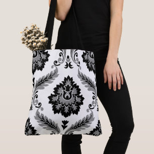 Bolsa Tote Rococo Damask Padrão Grande Cinza Preto Branco