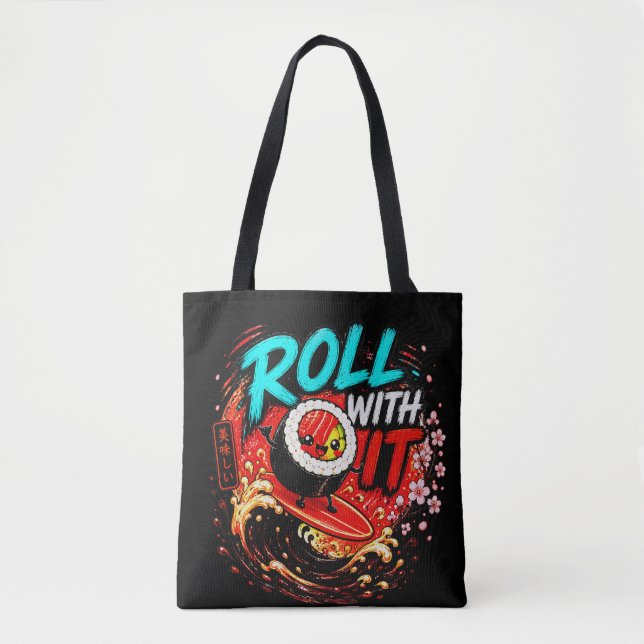 Bolsa Tote Rolar Com Isso – Design Divertido de Sushi de Surf (Frente)