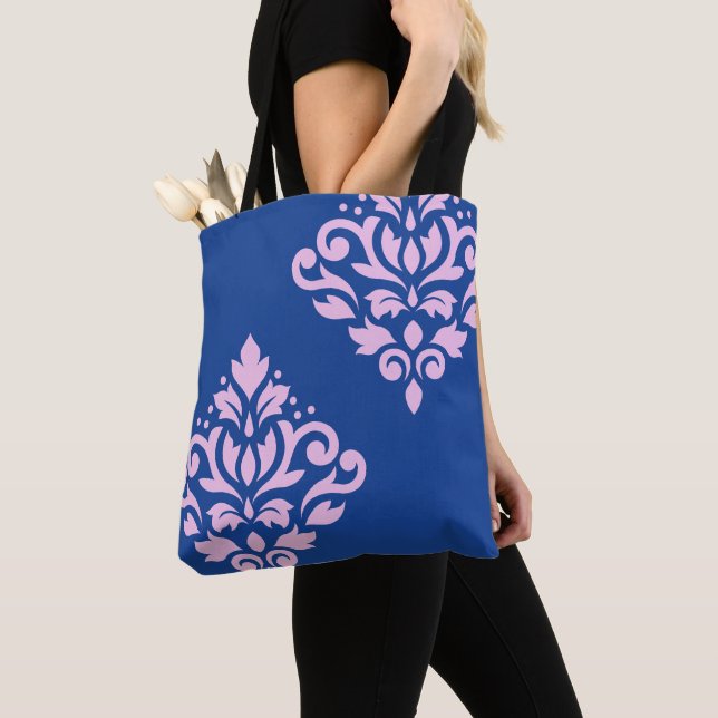 Bolsa Tote Rolar Damask Art I Rosa em Azul (Close Up)