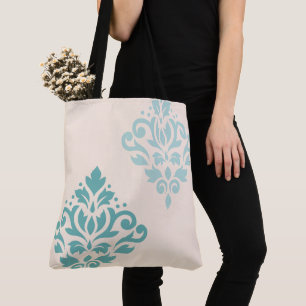 Bolsa Tote Rolar Damask Art I Teals on Cream