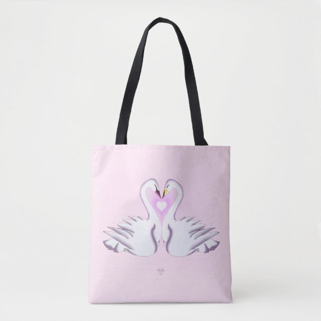 Bolsa Tote Romantic Double Swan Heart Love Pink All Over  (Frente)
