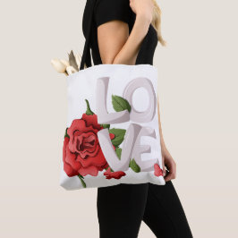 Bolsa Tote Romantic Red Rose with Bold Love Typography