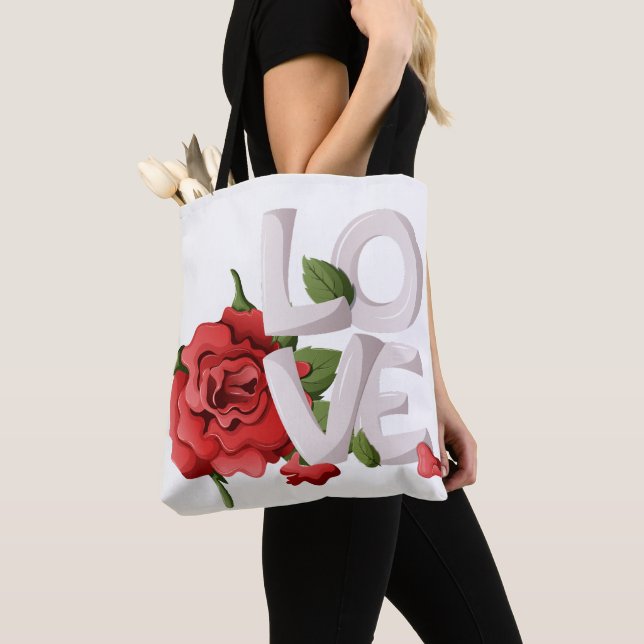 Bolsa Tote Romantic Red Rose with Bold Love Typography (Close Up)