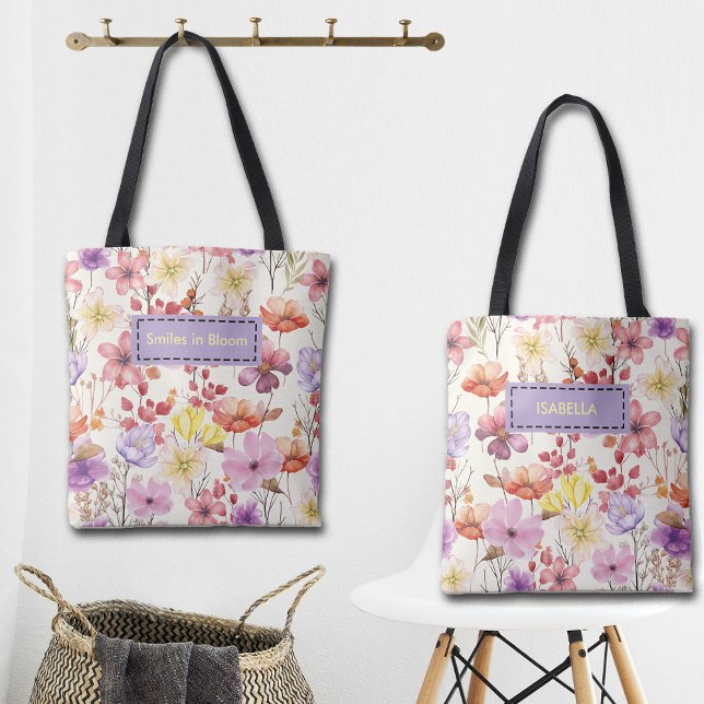 Bolsa Tote Romantic Watercolor Florals Custom Name & Quote (Criador carregado)