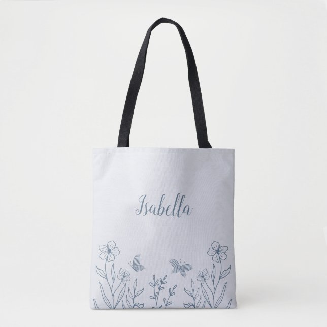 Bolsa Tote Romântico elegante azul empoeirado floral  (Frente)