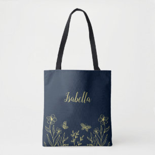 Bolsa Tote Romântico elegante flor de ouro azul-marinho