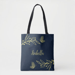 Bolsa Tote Romântico elegante flor de ouro azul-marinho