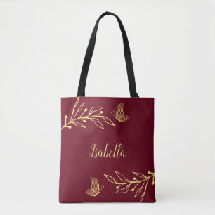 Bolsa Tote Romântico elegante flor de ouro burgundy