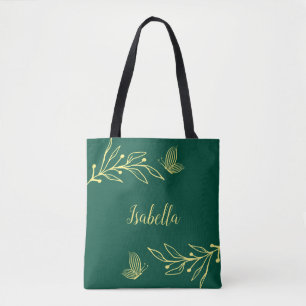 Bolsa Tote Romântico elegante flor de ouro esmeralda verde