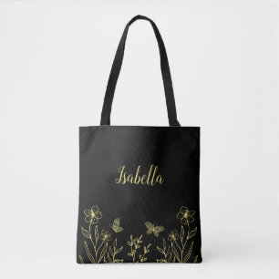 Bolsa Tote Romântico elegante flor de ouro preto