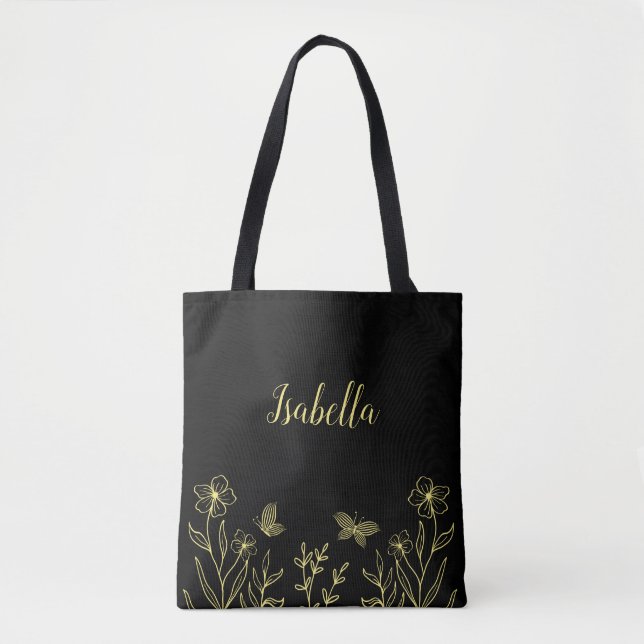 Bolsa Tote Romântico elegante flor de ouro preto  (Frente)
