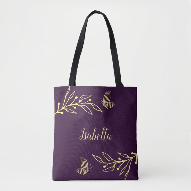 Bolsa Tote Romântico elegante flor dourada roxa (Frente)