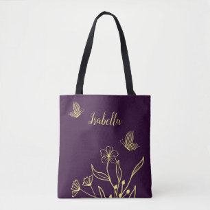 Bolsa Tote Romântico elegante flor dourada roxa
