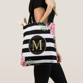 Bolsa Tote Romântico Preto Floral Branco Strips Monograma