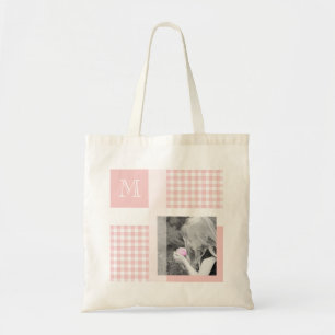 Bolsa Tote Rosa Adicionar Sua Foto Gingham Modern Monograma