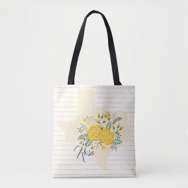Bolsa Tote Rosa Amarela do Texas - Gingham State com Rosas (Frente)