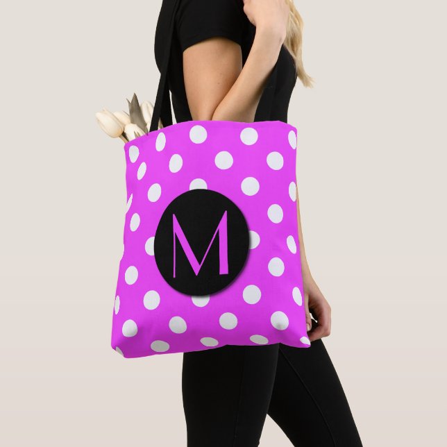 Bolsa Tote Rosa bonito do monograma das bolinhas (Close Up)