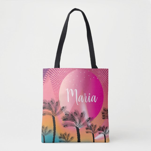 Bolsa Tote Rosa Brilhante Verão Tropical Sunset Palm Tree Art (Frente)