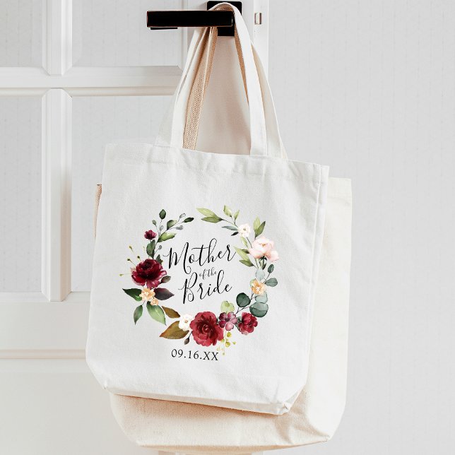 Bolsa Tote Rosa Burgundy Floral Wreath Mãe da Noiva (Rose Burgundy Floral Wreath Mother of the Bride Tote Bag)