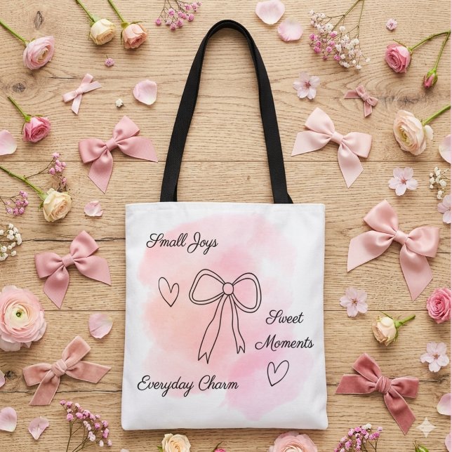 Bolsa Tote Rosa Coquette Aquarela Personalizada (Aesthetic pink watercolor coquette tote bag with line art bow, hearts and a customizable text.)
