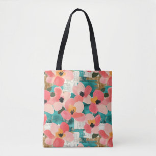 Bolsa Tote Rosa Coral Floral Turquesa Vintage