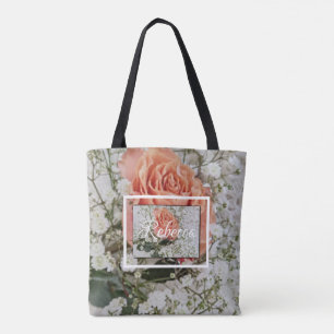Bolsa Tote Rosa Coral Pêssego Impressão Floral Casamento