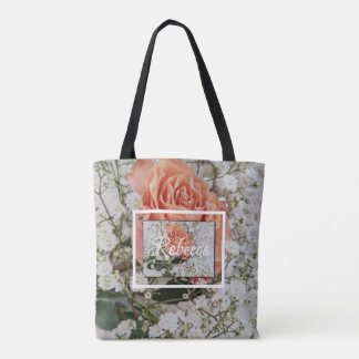 Bolsa Tote Rosa Coral Pêssego Impressão Floral Casamento