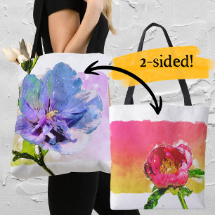 Bolsa Tote Rosa de Chiffon Azul e Peônia Rosa em Aquarela