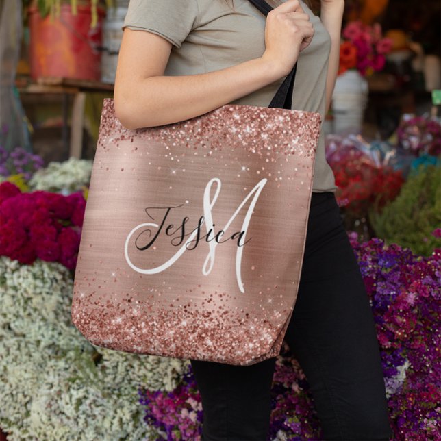 Bolsa Tote Rosa de Espuma Ouro, Folha Preta, Monograma Branco (Glittery Rose Gold Foil Black White Monogrammed Tote Bag)