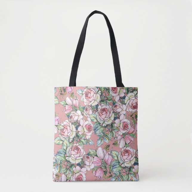Bolsa Tote Rosa de flores de jardim com tulipas pintadas em á (Frente)