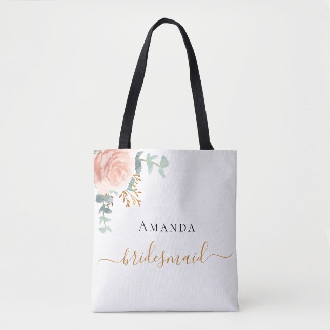 Bolsa Tote Rosa de ouro floral eucalipto verde Bridesmaid (Frente)