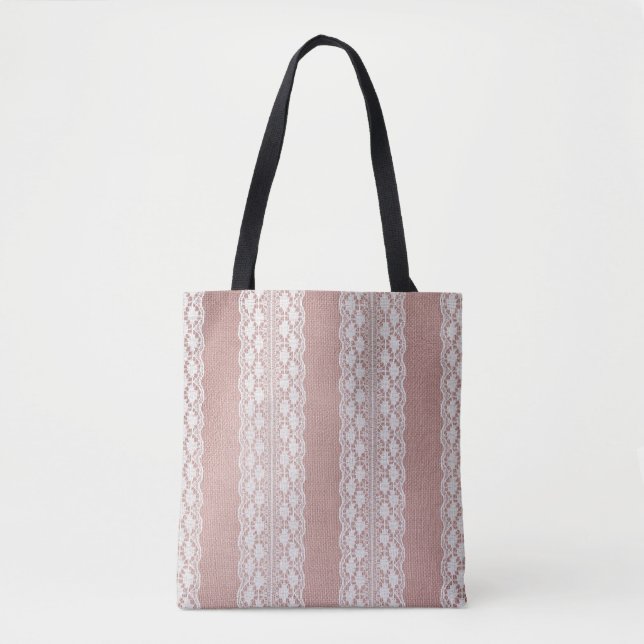 Bolsa Tote Rosa de ouro metálico, textura de renda esbranquiç (Frente)