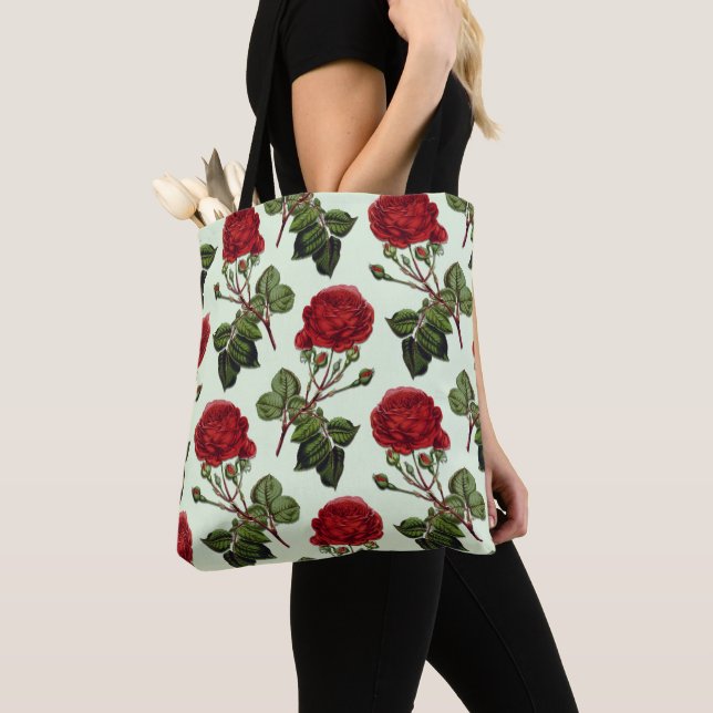 Bolsa Tote Rosa de padrão verde vermelho longo (Close Up)