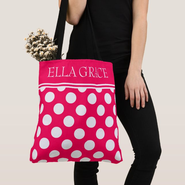 Bolsa Tote Rosa de Verão e Bolinhas Brancas Personalizadas (Close Up)