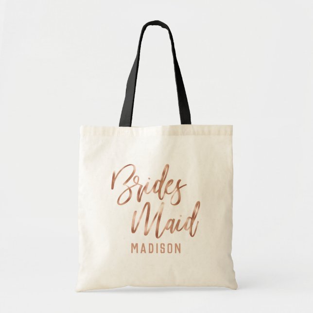 Bolsa Tote Rosa Dourada Tipografia Moderna Casamento Bridesma (Frente)