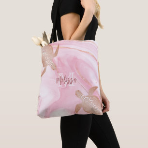 Bolsa Tote Rosa Dourada Turtle Blush Marble Monograma Seu Nom