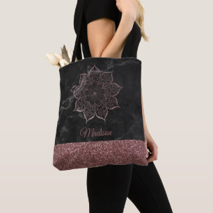 Bolsa Tote Rosa Dourado Faux Glitter Mandala sobre mármore n