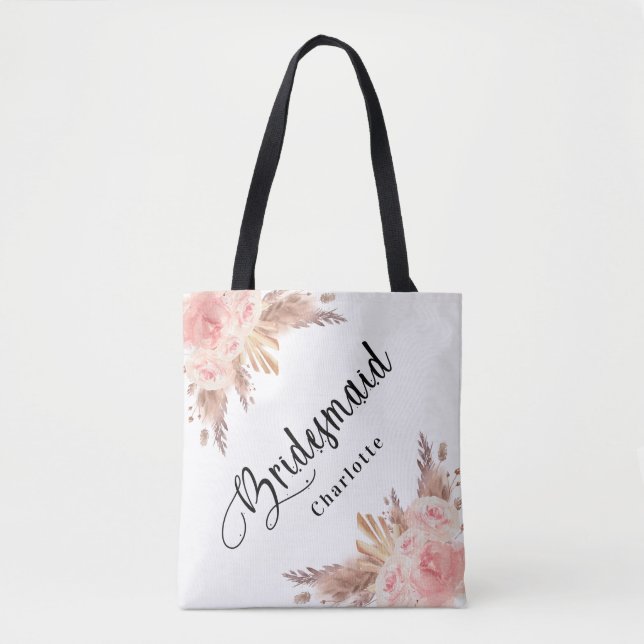 Bolsa Tote rosa dourado floral de capim dos pampas para damas (Frente)