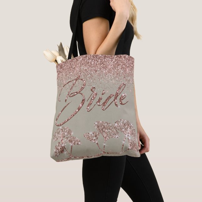 Bolsa Tote Rosa Dourado Glitter Gingko na Cinza Mist Bride (Close Up)